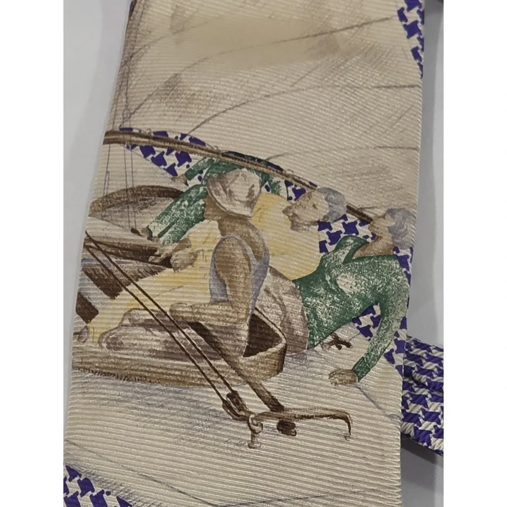 Vintage Polo Ralph Lauren Silk Tie Sailing Scene Houndstooth Blue Handmade USA